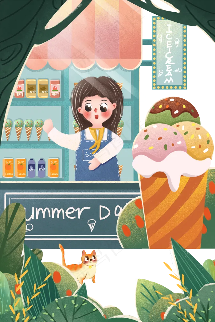 手绘卡通林荫间的甜品店免扣元素