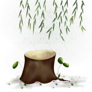 清明节下雨柳树飘手绘