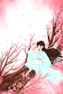 桃花节卡通小清新坐在桃树上的古风女孩配图 桃花节卡通小清新坐在桃树上的古风女孩配图