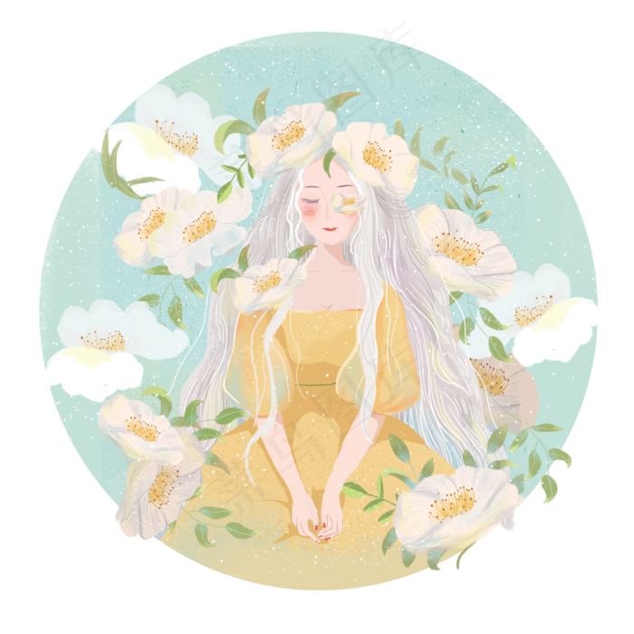 大暑文艺鲜花夏日少女png素材(2000X2000(DPI:300))psd模版下载