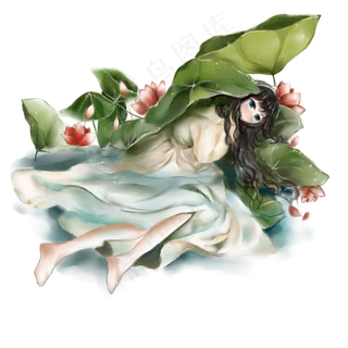 中国风古风小清新池塘中的少女