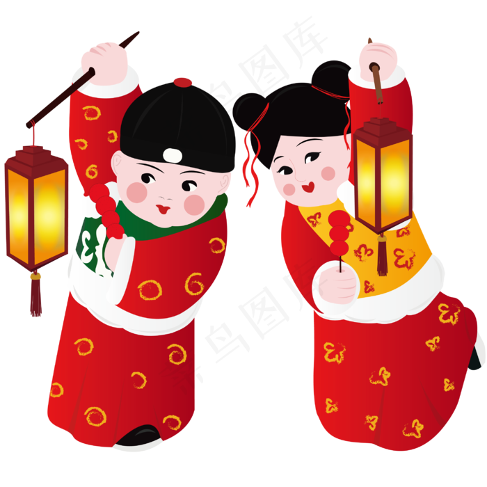 元宵节金童玉女赏花灯矢量图,免抠元素