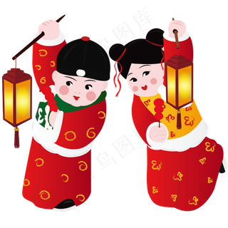 元宵节金童玉女赏花灯矢量图,免抠元素