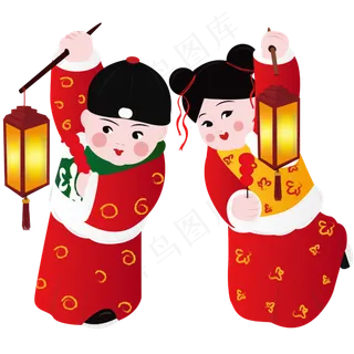 元宵节金童玉女赏花灯矢量图,免抠元素 元宵节金童玉女赏花灯矢量图,免抠元素