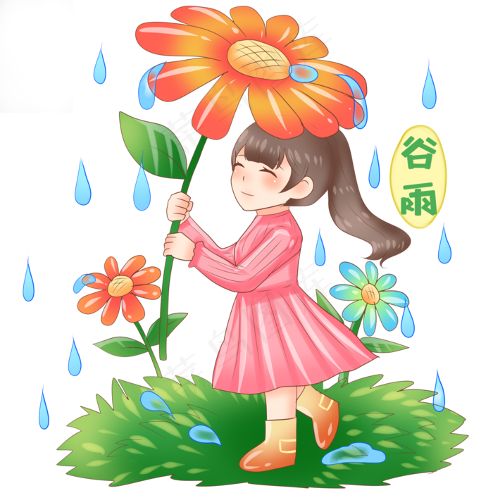 谷雨用花挡雨的小女孩(2000X2000(DPI:299))psd模版下载