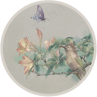 花卉雀鸟工笔复古中国风墙画壁纸,免抠元素