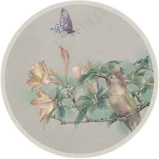 花卉雀鸟工笔复古中国风墙画壁纸,免抠元素