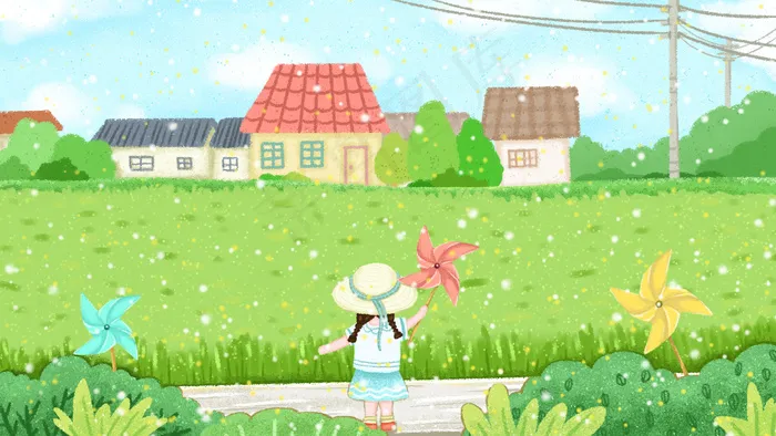 夏天卡通小清新拿着风车的小女孩配图(2880*1620px 300 dpi )psd模版下载