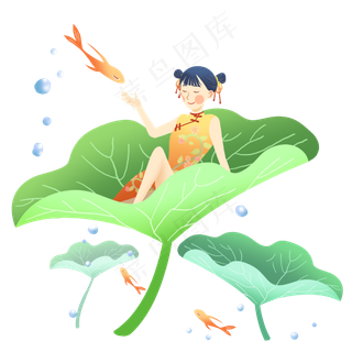 谷雨坐在叶子上的女孩