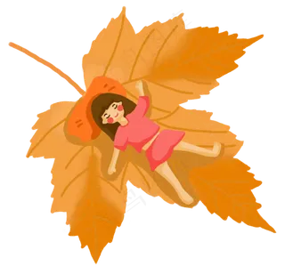 秋分小女孩舒服躺着叶子,免抠元素