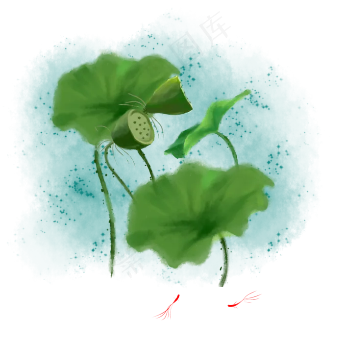 水彩水墨莲蓬荷叶古风中国风植物(2000X2000(DPI:300))psd模版下载