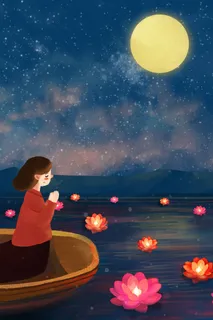 处暑中元节河灯场景 处暑中元节河灯场景