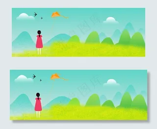 清明节小清新踏青卡通放风筝banner