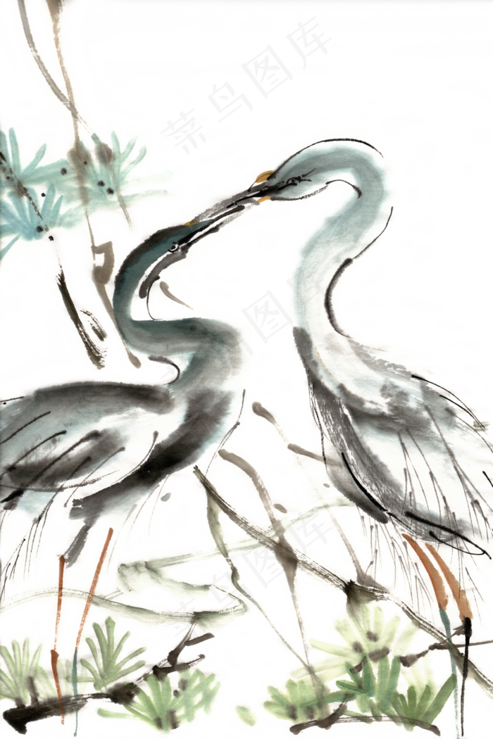 亲密的鸟水墨画PNG免抠素材