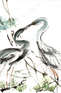 亲密的鸟水墨画PNG免抠素材