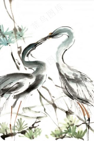 亲密的鸟水墨画PNG免抠素材