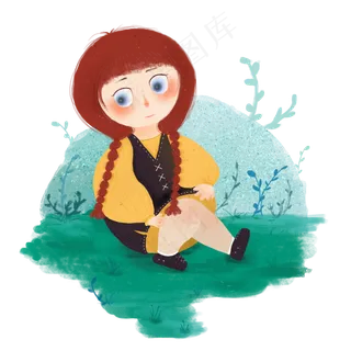 儿童节麻花辫小女孩坐在草地