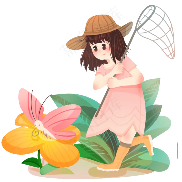 春分捉蝴蝶的小女孩,免抠元素