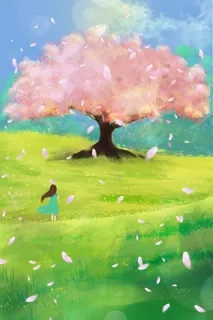 樱花夏景春天唯美治愈通用场景少女草坪 樱花夏景春天唯美治愈通用场景少女草坪