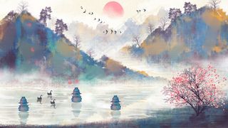 中国风水墨风山川河流风景配图