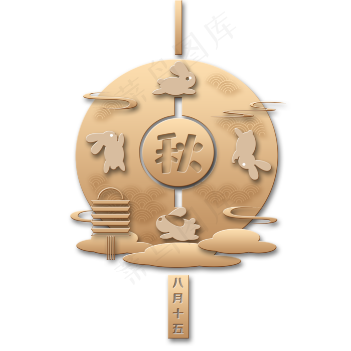 金色中秋玉兔月圆中国结,免抠元素