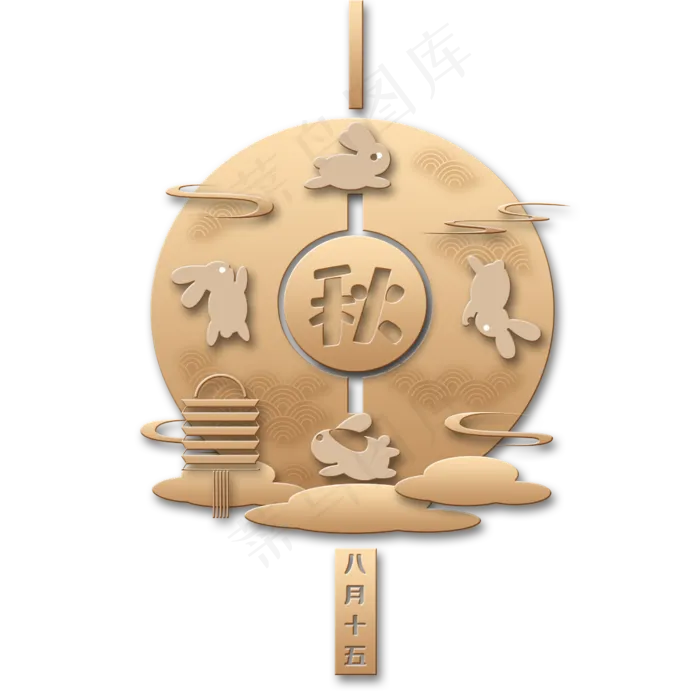 金色中秋玉兔月圆中国结,免抠元素