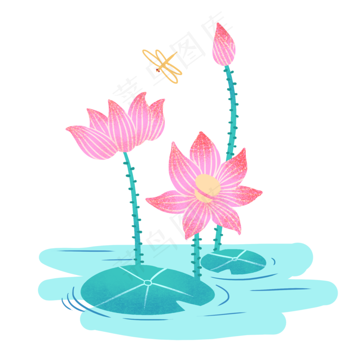 卡通可爱手绘荷花花卉花束彩色设