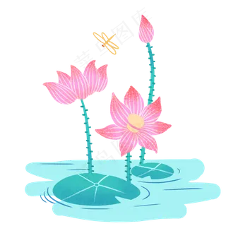 卡通可爱手绘荷花花卉花束彩色设