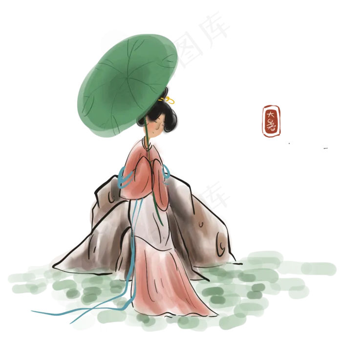 大暑拿荷叶的古代女孩,免抠元素