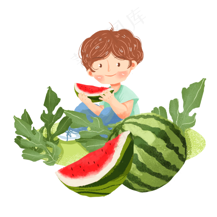 大暑解暑吃西瓜男孩png素材