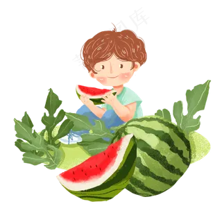大暑解暑吃西瓜男孩png素材