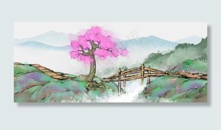 花桥湍流古风山水水墨风景