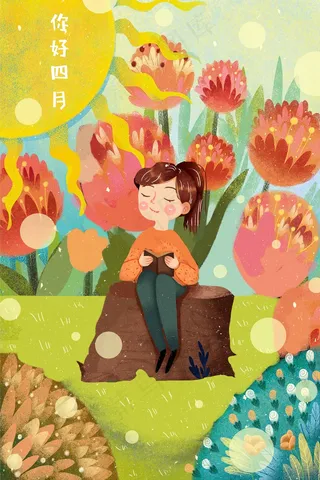 四月你好温暖春天春暖花开女孩花草