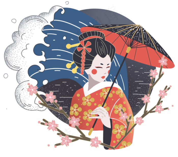 日本浮世绘和服艺伎,免抠元素