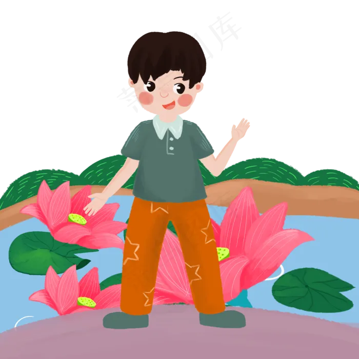 男孩荷花湖边拍照(3000X3000(DPI:300))psd模版下载