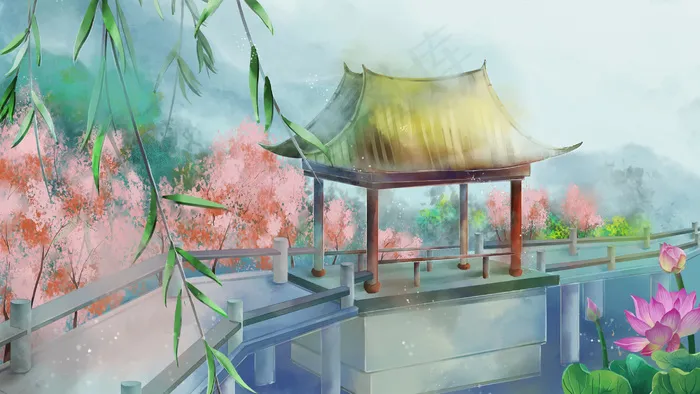 中国风古风场景夏季园林山水锦鲤荷塘