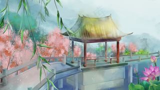 中国风古风场景夏季园林山水锦鲤荷塘