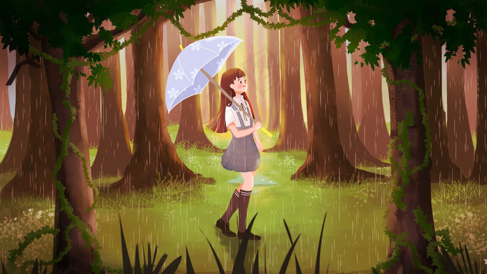 春天森林雨伞女孩(2880X1620(DPI:300))psd模版下载