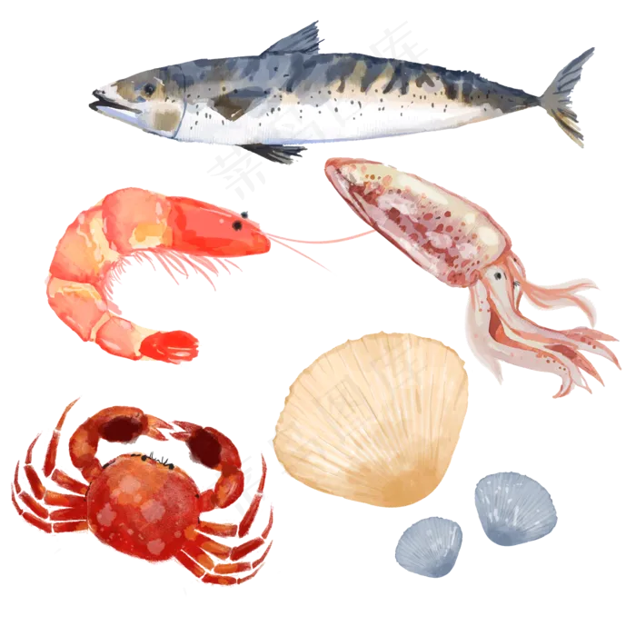 美食集合海鲜水彩素材(2000X2000(DPI:300))psd模版下载