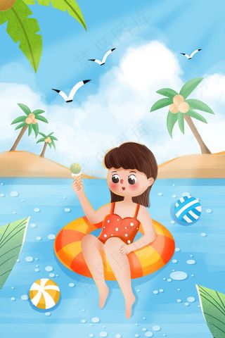 小清新夏天海边女孩游泳吃冰淇淋