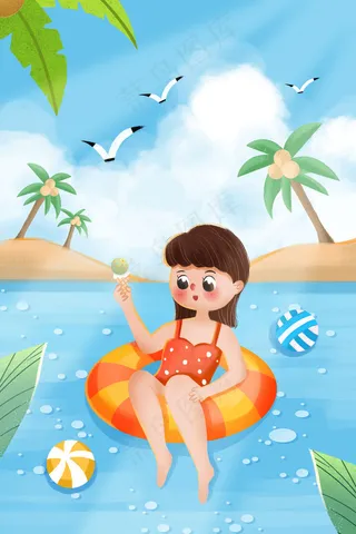 小清新夏天海边女孩游泳吃冰淇淋