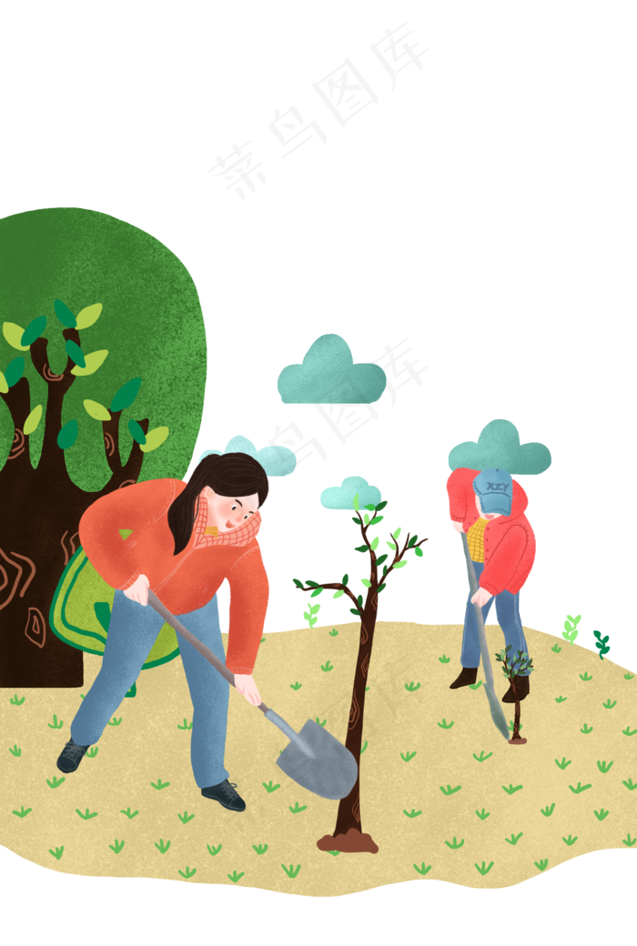 红衣服男孩女孩在种树