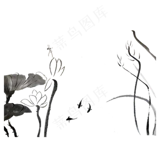 水墨写意荷花游鱼蜻蜓国画PNG