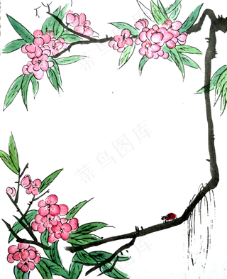 装饰水墨桃花国画边框PNG春天清明,免抠元素