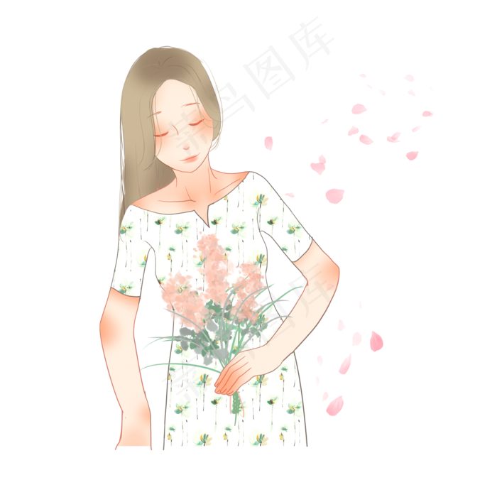 手拿粉色花束的穿裙子的女人(2000X2000(DPI:72))psd模版下载