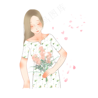 手拿粉色花束的穿裙子的女人