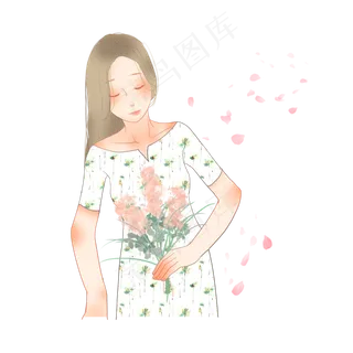 手拿粉色花束的穿裙子的女人 手拿粉色花束的穿裙子的女人