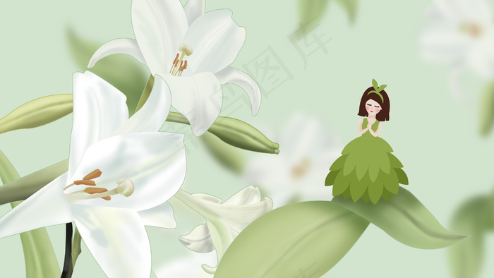 春天里的女孩和百合花高清手绘插画