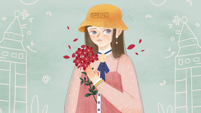 春天卡通唯美花与少女女孩拿着花配图(2880X1620(DPI:300))psd模版下载