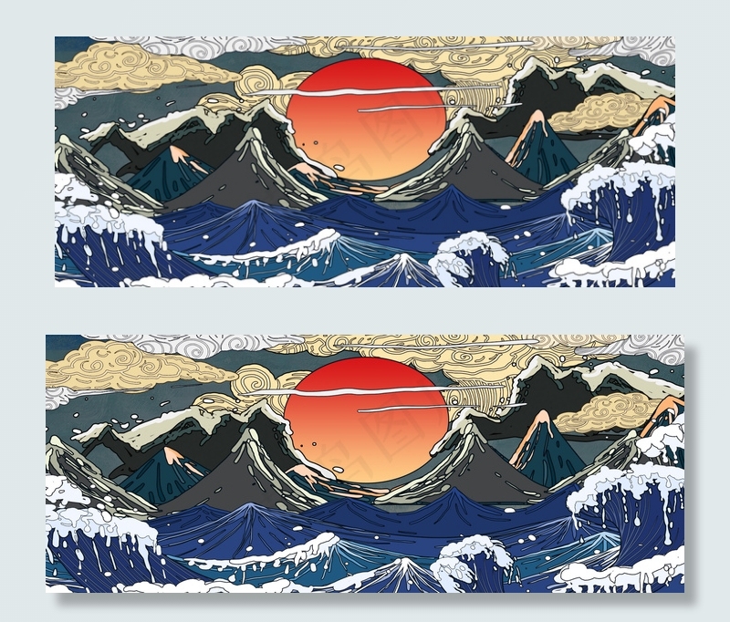 浮世绘复古花纹祥云太阳